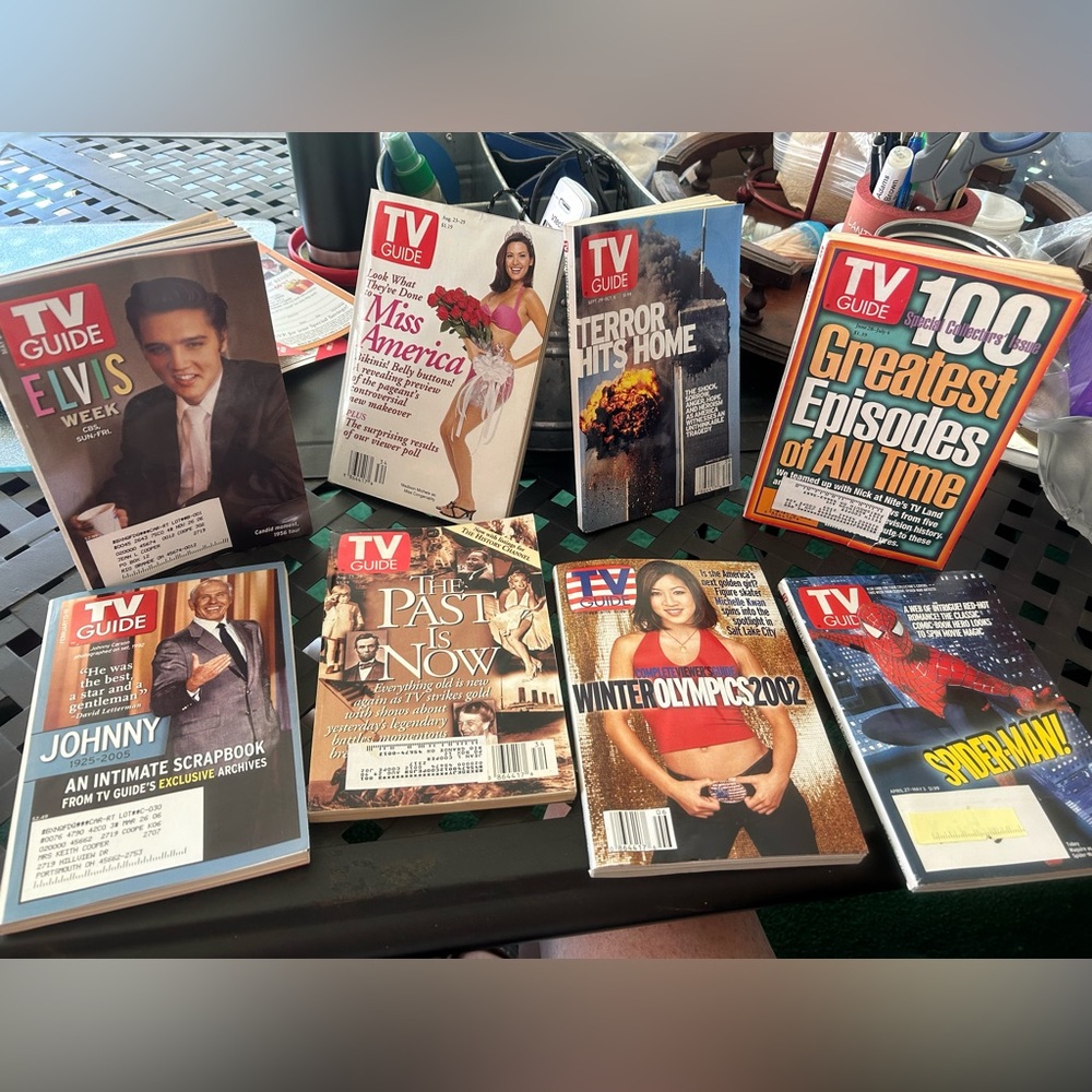 8 hard copy editions of TV Guide featuring the main article on the cover.